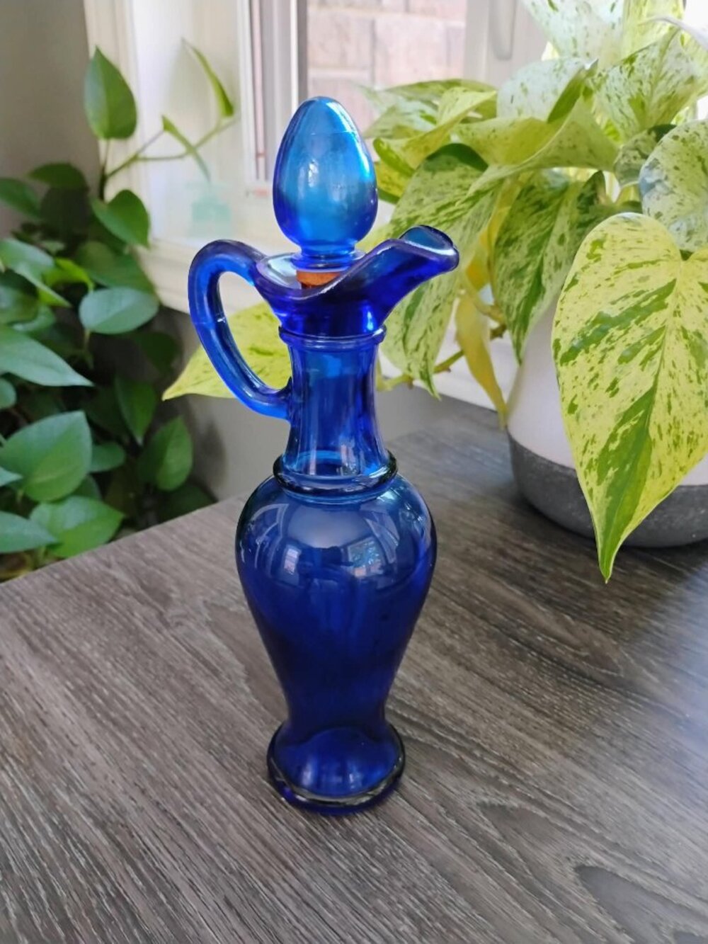 Cobalt Blue Glass Decanter with Cork Bottle Stopper Avon Retro 70s